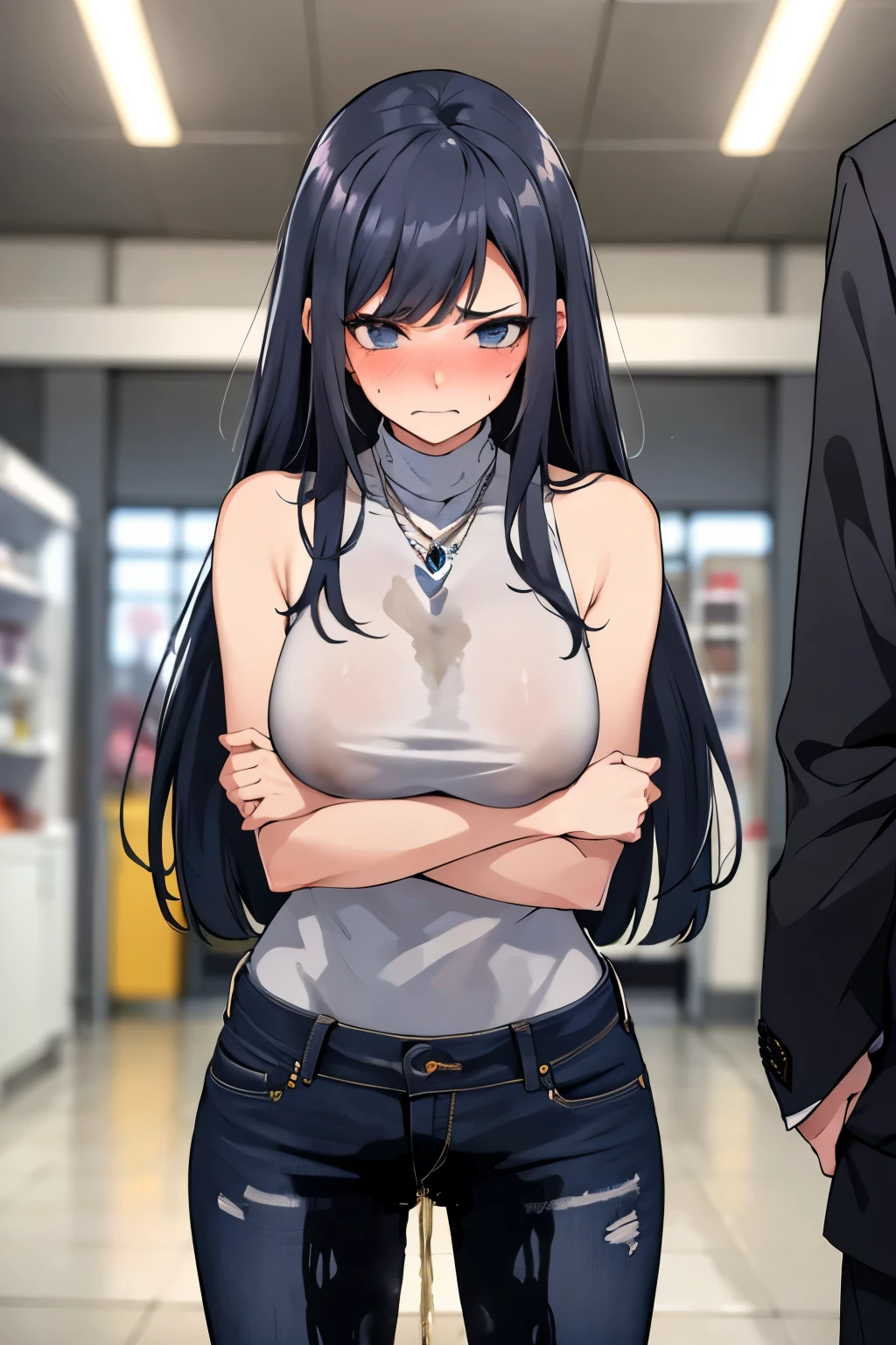 A woman with very long black hair and (very long bangs:1.5), wearing a stylish jacket and tight jeans, standing. The artwork is inspired by manga and incorporates a doujin style. The woman appears to be (wetting herself:1.5), which causes her to feel embarrassed and humiliated, resulting in a blush on her face. In addition, there is an air of anger in her expression. The lighting in the scene is moody, with a spotlight highlighting the woman's figure. She is crossing her arms, (arms crossed:1.5), fully showcasing her jeans., large breasts