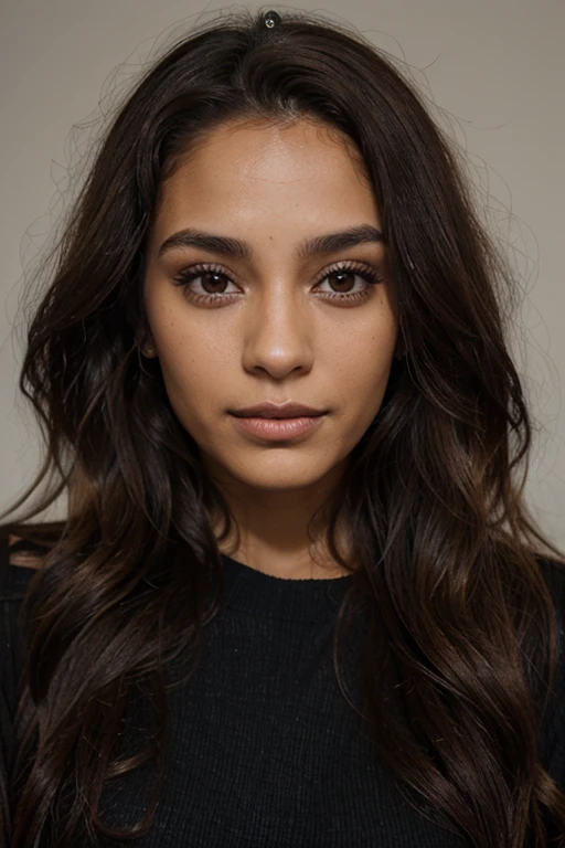 femme de 29 ans, latina, long brown slightly curly hair, tanned skin, yeux marrons , beau visage, professional makeup like model, C et portant un pull noir