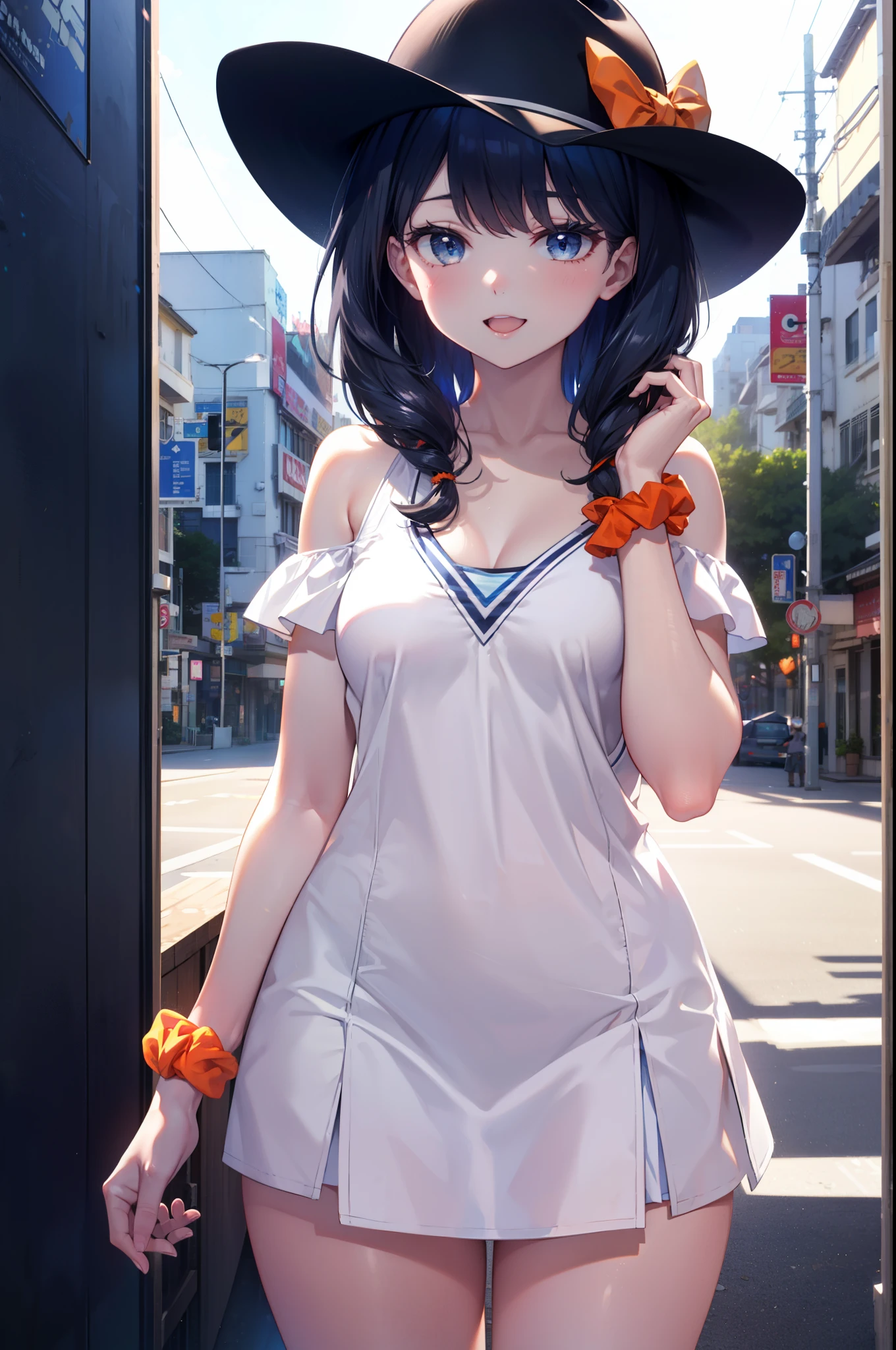 Rikka body, rikka takarada, Black Hair, blue eyes, Long Hair, orange Scrunchie, Scrunchie, wrist Scrunchie,Off-the-shoulder sleeveless dress,Bare shoulders,Bare neck,Bare arms,bare clavicle,Long skirt,sneakers,Baseball hats,happy smile, smile, Open your mouth,
break indoors, Coastal Road,In town,Shoulder length and short braids,
break looking at viewer, (Cowboy Shot:1.5),
break (masterpiece:1.2), highest quality, High resolution, unity 8k wallpaper, (figure:0.8), (Beautiful fine details:1.6), Highly detailed face, Perfect lighting, Highly detailed CG, (Perfect hands, Perfect Anatomy),