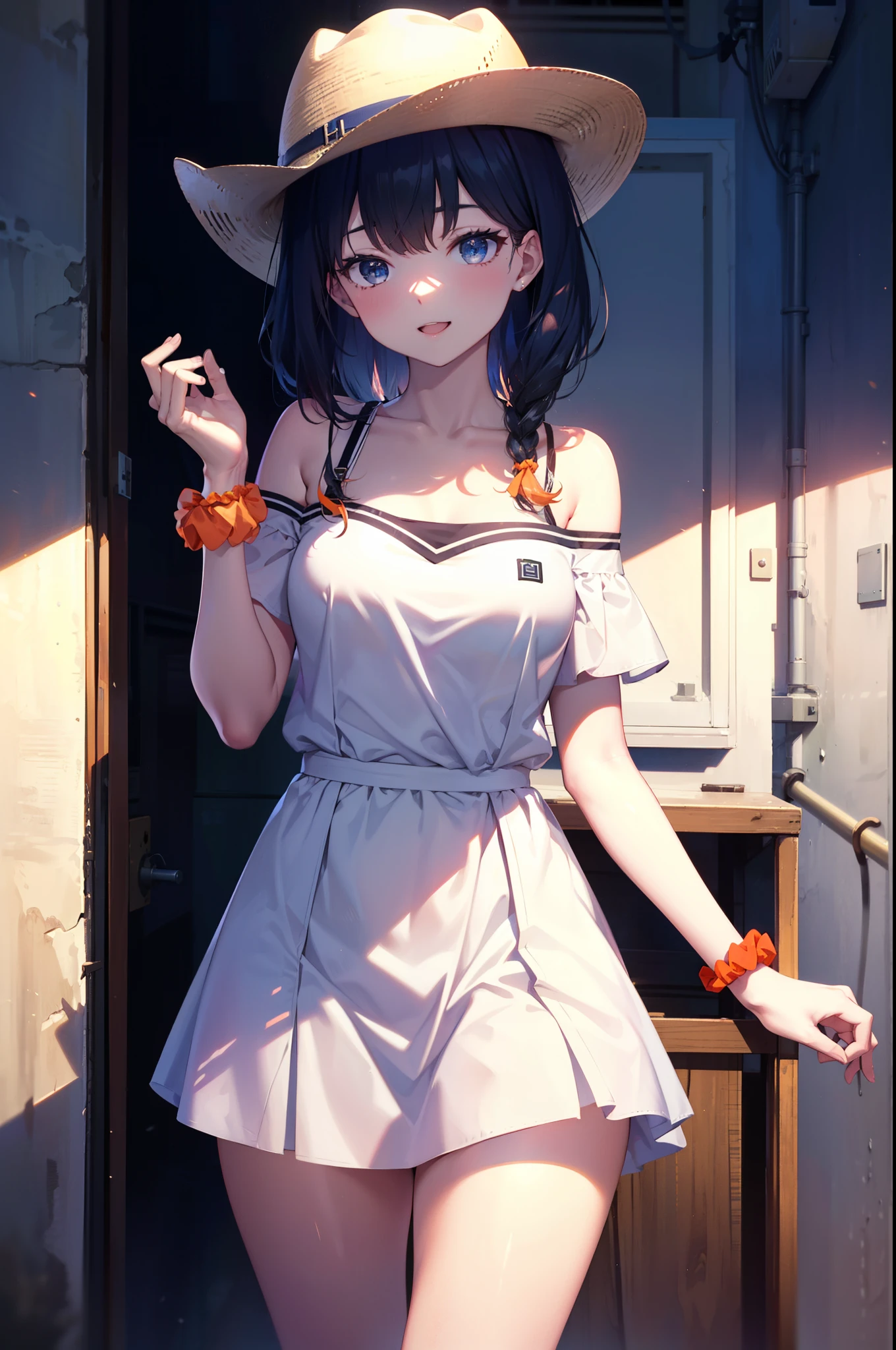 Rikka body, rikka takarada, Black Hair, blue eyes, Long Hair, orange Scrunchie, Scrunchie, wrist Scrunchie,Off-the-shoulder sleeveless dress,Bare shoulders,Bare neck,Bare arms,bare clavicle,Long skirt,sneakers,Baseball hats,happy smile, smile, Open your mouth,whole bodyがイラストに入るように,
break outdoors, Coastal Road,
break looking at viewer,whole body, (Cowboy Shot:1.5),
break (masterpiece:1.2), highest quality, High resolution, unity 8k wallpaper, (figure:0.8), (Beautiful fine details:1.6), Highly detailed face, Perfect lighting, Highly detailed CG, (Perfect hands, Perfect Anatomy),