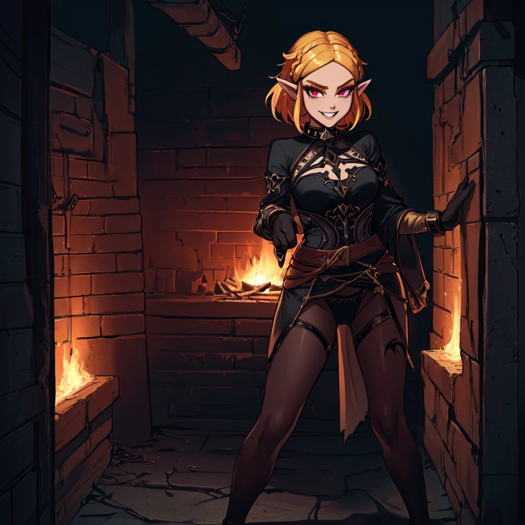 (zelda totk reimagined as a corrupted dark queen by ganon )+++, sfw++,masterpiece, best quality, high quality, illustration, film grain,(perfect female )++, beautiful detailed eyes, (symbol of evil:1.2),milf zelda, lascivious woman, (evil smile:1.1), (villain, dark heroine:1.2), (perfect female proportions:1.1), (seductive eyes:1.2), eyeliner, mascara, sexy makeup, (seductive smile:1.2), (mature woman:1.4),masterpiece, best quality, high quality, illustration, film grain, 1girl, (glowing evil red eyes), evil grin, crazy eyes, (high resolution, masterpiece, ultra best quality, insanely amazing hyper fine extremely detailed, official:1.4) dark heroine anime girl with short hair in a dark and evil place, extremely detailed artgerm, (official:1.4), dynamic composition, (solo girl:1.4), {sfw}, masterpiece, ultra-detailed, iconic attack, dominatrix, spiked collar, dark kingdom, bad end, 1girl, solo female, solo focus, mature female, standing, full body, looking at viewer, dark zelda totk, dark queen, evil, corruption, contrapposto, mind break, blond hair, (short hair:1,5), evil smile, lips, eyelashes, evil grin, dark aura, thigh_clothes, ,alternate costume, bdsm, (intricate details:1.12), (intricate details, hyperdetailed:1.15), hdr, dungeon, (at night:1.2), fireplace, warm light, dramatic light, cinematic,creepy dungeon, dark aesthetic, goth aesthetic, creepy, ominous background, dark atmosphere, death atmosphere, green and red atmosphere, evil dungeon background, gothique, faint darkness, ((red glow crotch tattoo)),