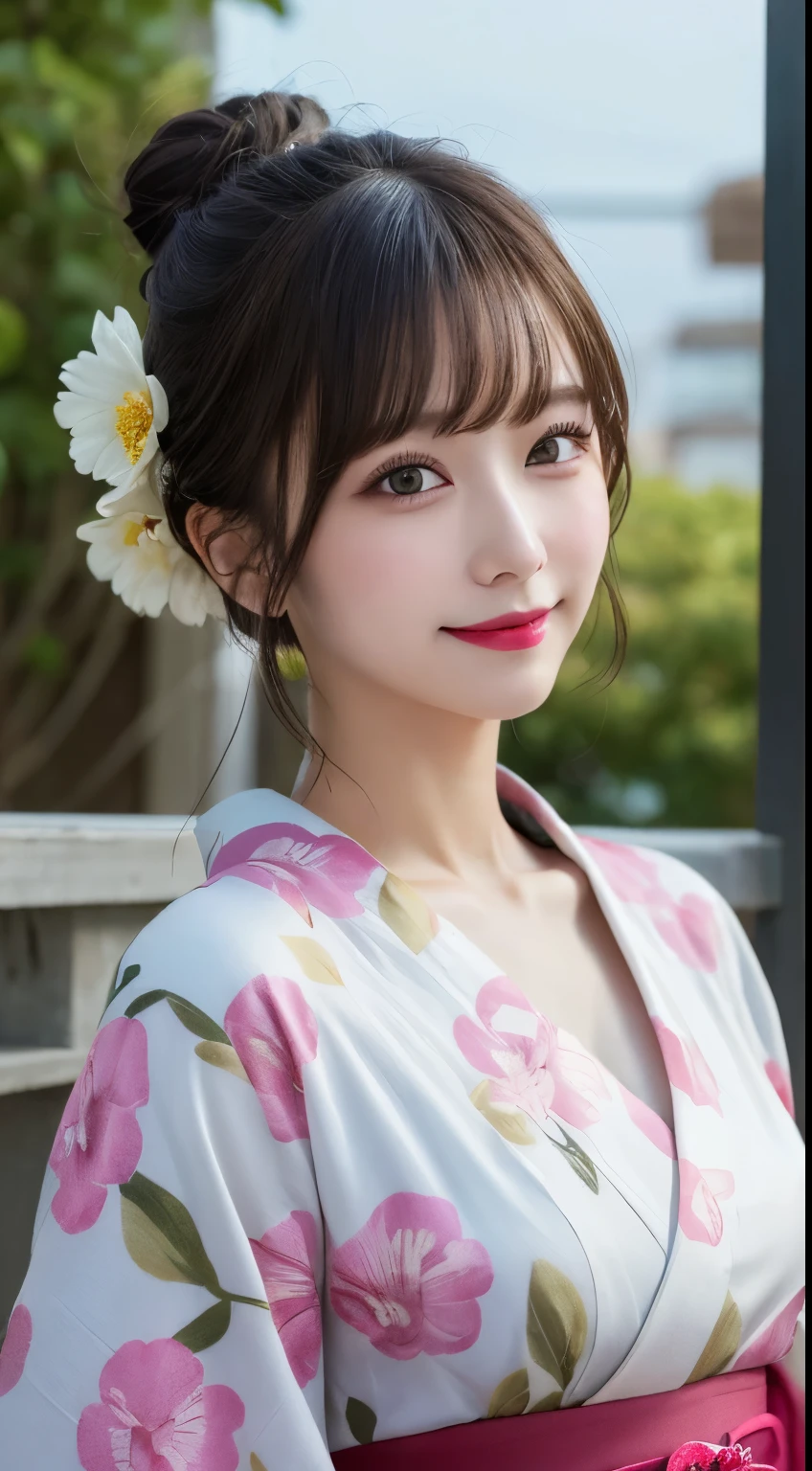 whole body, highest quality, figure, Very detailed, In detail, High resolution, 8k wallpaper, Perfect dynamic composition, Beautiful fine details, kimono,Medium Hair, Center of chest, Natural color lip, Random sexy poses,smile,shrine，Flower Hair Ornaments，looking at the camera，