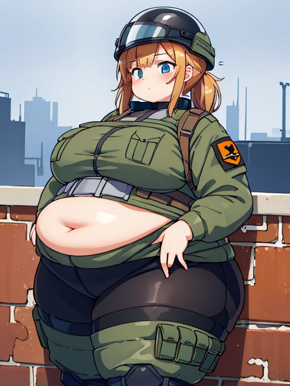 Massively obese orange tactical soldier girl, fat rolls, short brown hair, (obese belly):1.4, (obese thighs):1.4, bbw, wide hips, laying down, huge ass, ussbbw, (soldier helmet):1.2 extremely chubby,  BREAK battlefield, trenches, wood dark, foggy, smoke, bricks