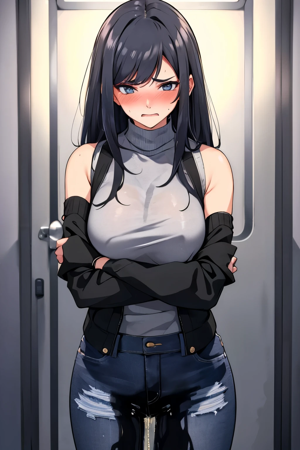 A woman with very long black hair and (very long bangs:1.5), wearing a stylish jacket and tight jeans, standing. The artwork is inspired by manga and incorporates a doujin style. The woman appears to be (wetting herself:1.5), which causes her to feel embarrassed and humiliated, resulting in a blush on her face. In addition, there is an air of anger in her expression. The lighting in the scene is moody, with a spotlight highlighting the woman's figure. She is crossing her arms, (arms crossed:1.5), fully showcasing her jeans., large breasts