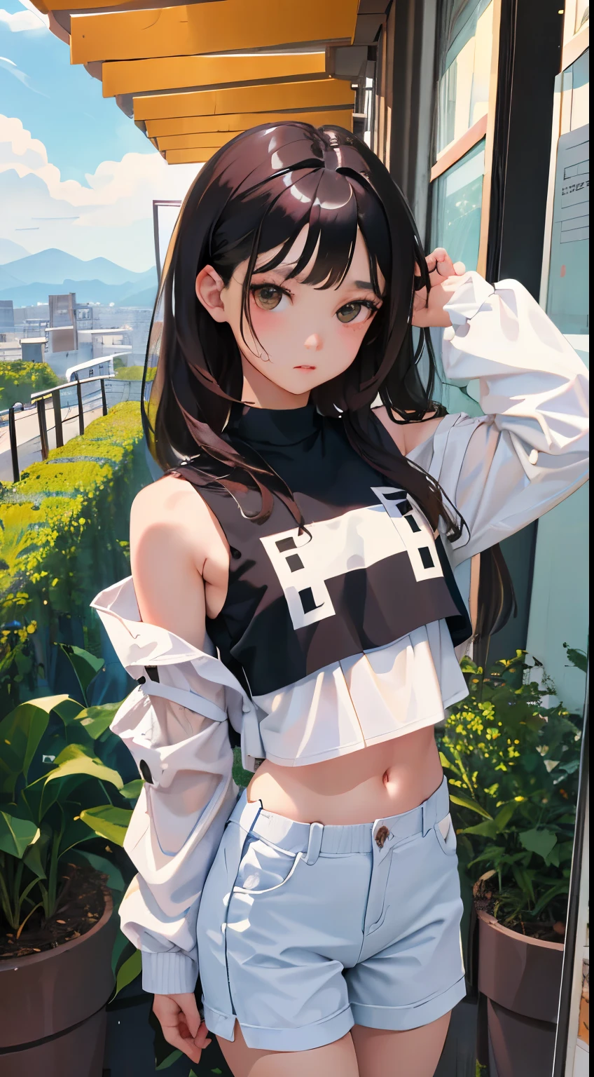 Overlooking，highest quality，Beautiful face in every detail，cute，Dark brown eyes，(背の低いcute女の子， young studeg delicate girl）,（masterpiece，Top quality)，Black Hair，Sleepy expression，Crop Top Look，Black Shirt，White shorts