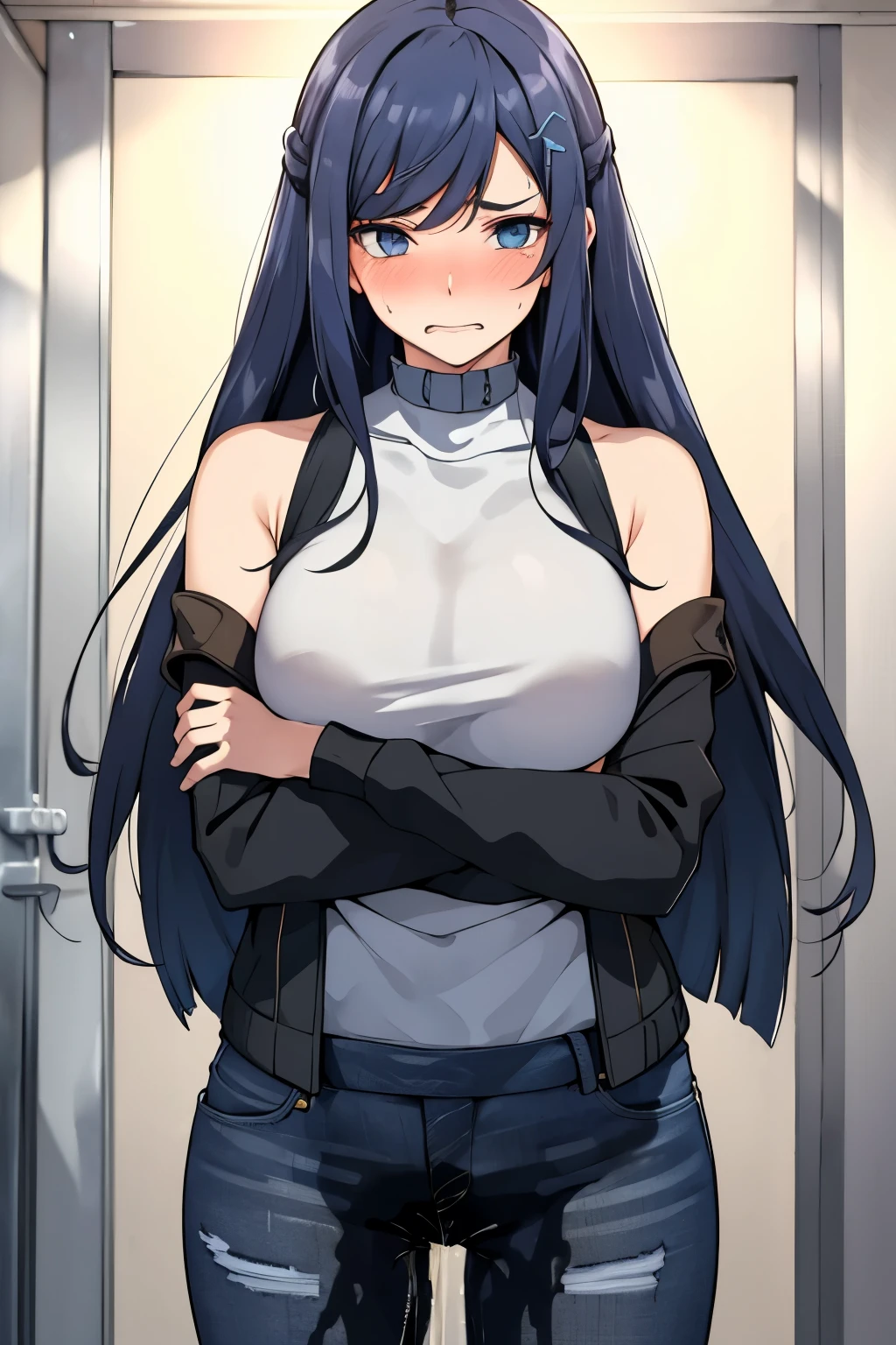A woman with very long black hair and (very long bangs:1.5), wearing a stylish jacket and tight jeans, standing. The artwork is inspired by manga and incorporates a doujin style. The woman appears to be (wetting herself:1.5), which causes her to feel embarrassed and humiliated, resulting in a blush on her face. In addition, there is an air of anger in her expression. The lighting in the scene is moody, with a spotlight highlighting the woman's figure. She is crossing her arms, (arms crossed:1.5), fully showcasing her jeans., large breasts