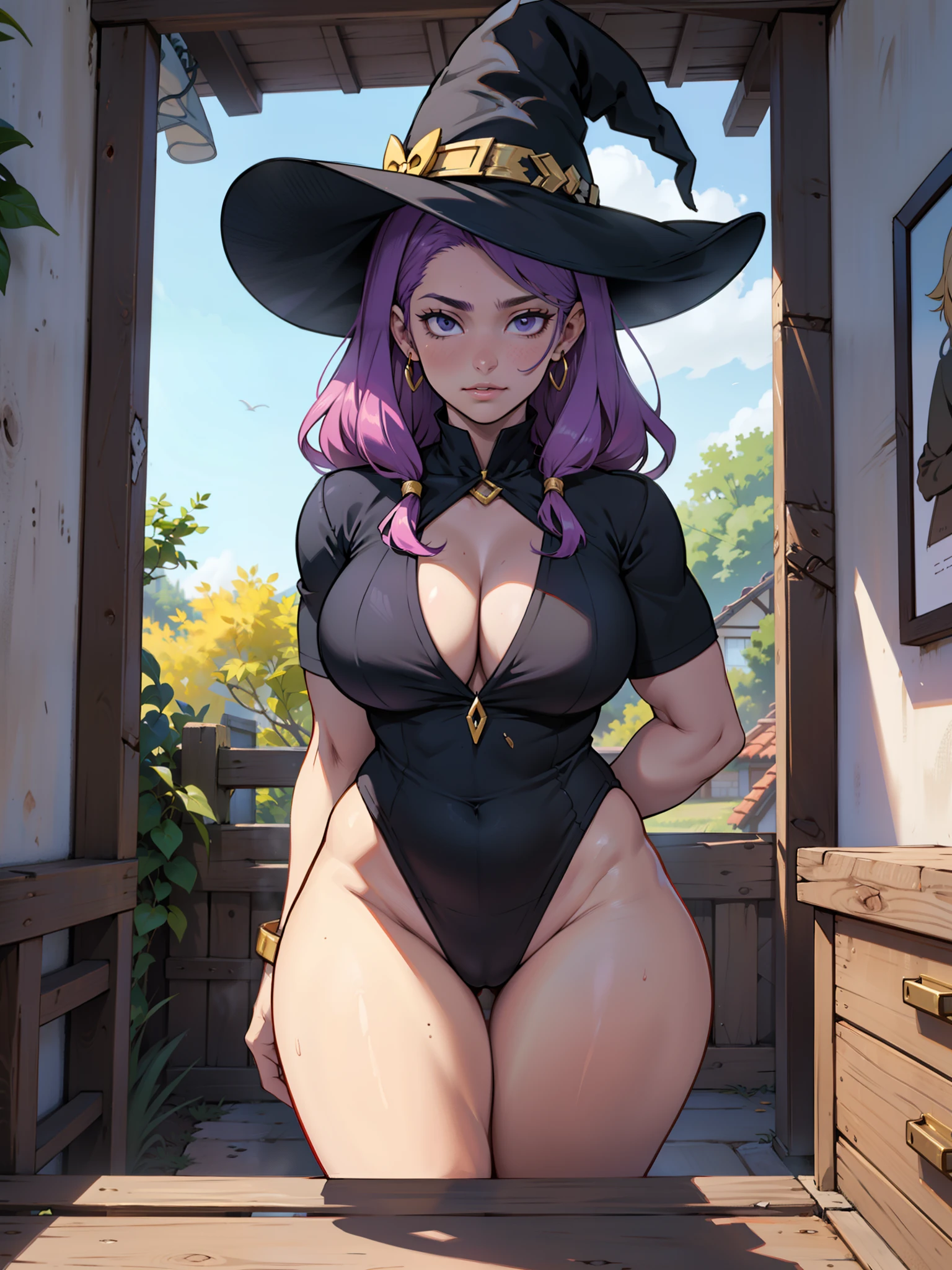 Mulher mais velha, na casa dos 30 anos, com cabelo roxo longo e corpo alto e cheio de curvas, de costas, bunda, (obra de arte, Melhor qualidade:1.2) , Big witch hat, seios grandes, Sozinho, safe for work, all ages