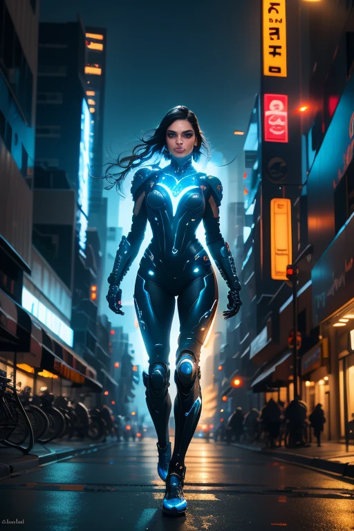 A cyborg woman on a motorcycle is speeding through the streets. The motorcycle is sleek and modern, with a futuristic design. The woman is wearing a form-fitting black suit that emphasizes her slim body and beautiful figure. Her long, flowing hair is blowing in the wind as she rides. The woman's face is a combination of human and machine, with intricate details on her cybernetic implants and glowing blue eyes. She has a determined expression on her face, showing her confidence and strength. The street is filled with vibrant colors and dynamic lighting, creating a sense of energy and excitement. The scene is captured in the best quality, with high-resolution and HDR effects, bringing out the intricate details and hyper-realistic textures. The image is a masterpiece, with every element carefully crafted to create a visually stunning and captivating composition.