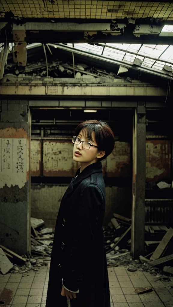 subway,Showa,Collapse,Devastation,Inside the ruins,Glasses,Women,adventure,Black and White,