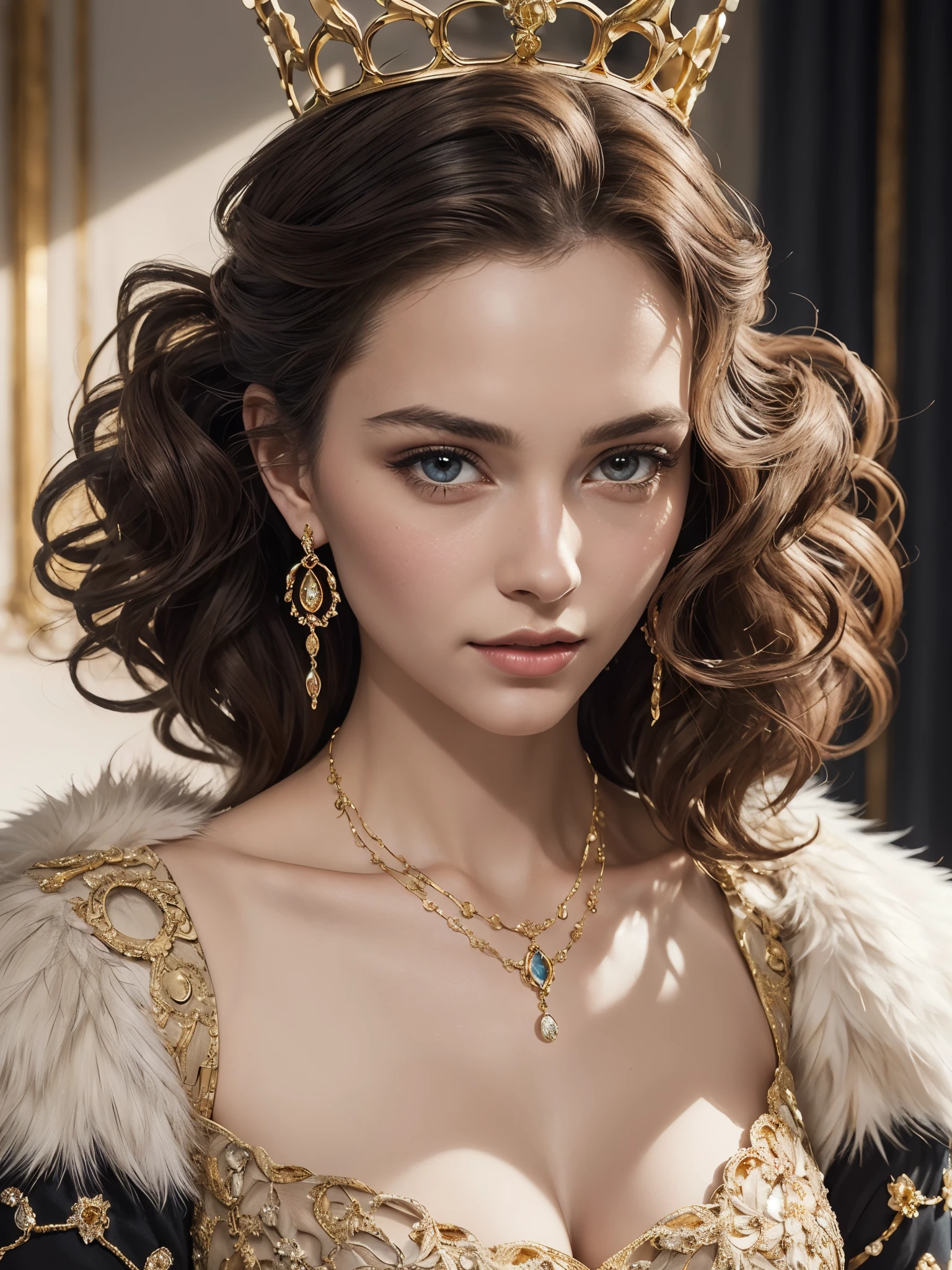 a portrait of a queen, BREAK, 1girl, detailed face, intricate crown design with beauiful gemstone,  fur-trimmed mantle, curly hair updo, royal statement necklace jewelry set, glowing pendant, super details intricate pattern gold plate dress, cleavage, Vogue style photo shoot, (realistic:1.3), 8k, 