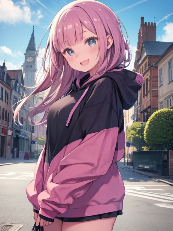 masterpiece、highest quality、High resolution、Very detailed、Medium wide shot、Girl、hoodie、Colorful clothes、laughing、In town、