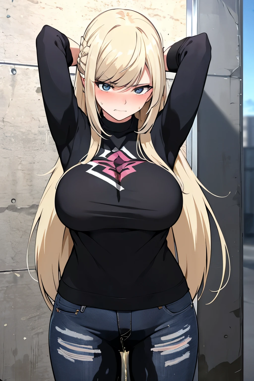 A woman with very long black hair and (very long bangs:1.5), wearing a stylish jacket and tight jeans, standing. The artwork is inspired by manga and incorporates a doujin style. The woman appears to be (wetting herself:1.5), which causes her to feel embarrassed and humiliated, resulting in a blush on her face. In addition, there is an air of anger in her expression. The lighting in the scene is moody, with a spotlight highlighting the woman's figure. She is crossing her arms, (arms crossed:1.5), fully showcasing her jeans., large breasts