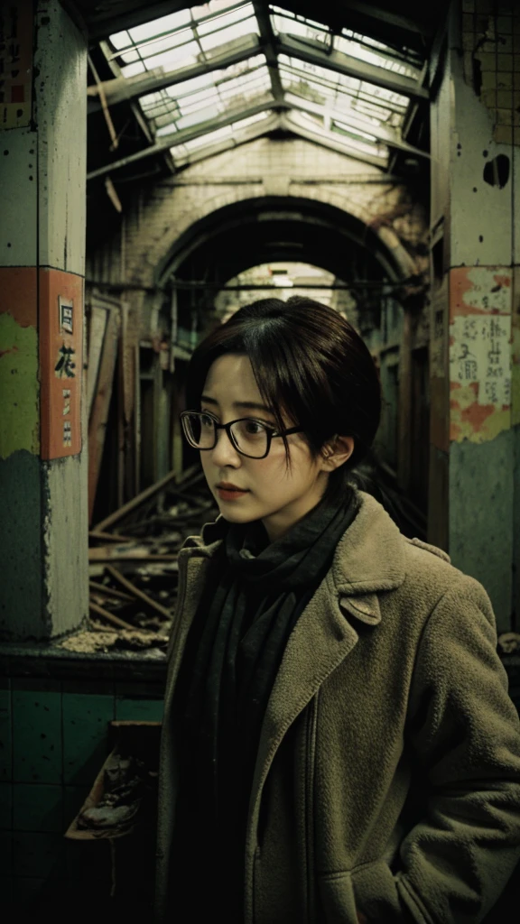 subway,moss,Collapse,Devastation,Inside the ruins,narrow eyes,Showa,Glasses,Women,adventure,Black and White,