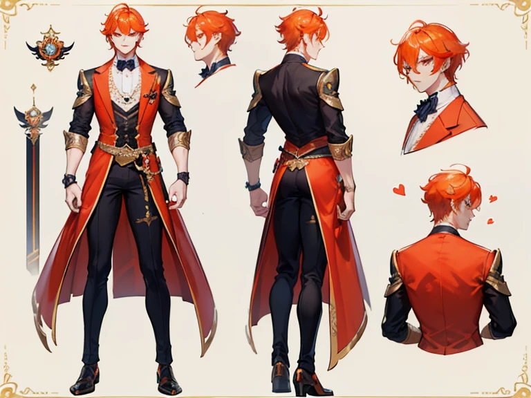 ((Masterpiece, Highest quality)), Male, boy, Detailed face, character design sheet， full bodyesbian, Full of details, frontal body view, back body view, Highly detailed, Depth, Many parts, Muscle boy with orange hair，handsome man, vampire outfit clothes, Genshin Impact, man tall