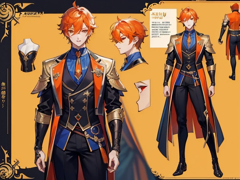 ((Masterpiece, Highest quality)), Male, boy, Detailed face, character design sheet, full bodyesbian, Full of details, frontal body view, back body view, Highly detailed, Depth, Many parts, Muscle boy with orange hair,handsome man, vampire outfit clothes, Genshin Impact, man tall