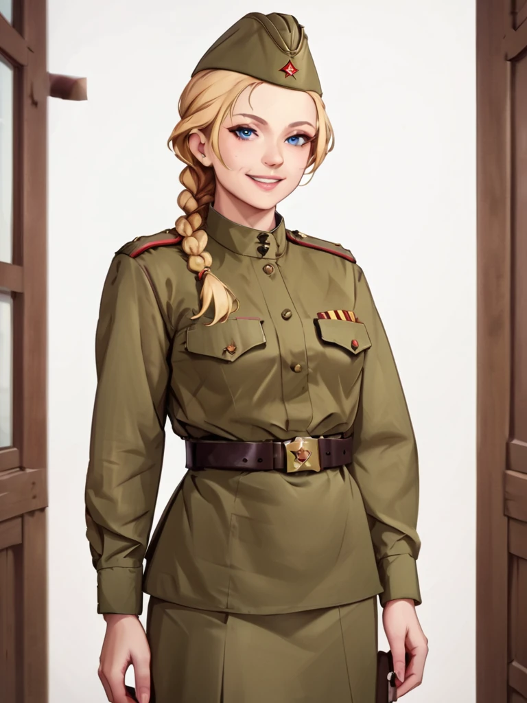 check_9, check_8_up, check_7_up, source_аниме BREAK 1girl, One,Soviet Military Uniform, soviet cap, belt, Blonde hair, braided hair in a ponytail, looks at the viewer, emotions, smile, skirt, Blue eyes, on the field near the tank