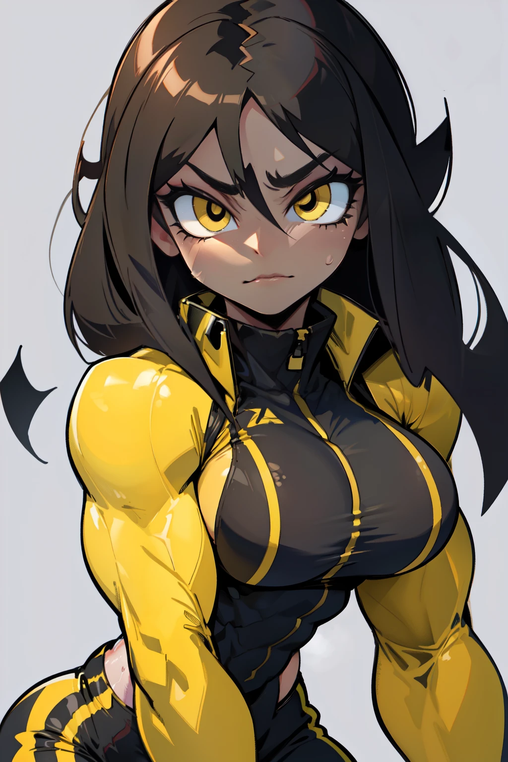 girl (1girl muscular grey background pale skin bodybuilder huge breasts toned body thin waist) black hair yellow eyes straight hair sweaty hair between eyes skintight