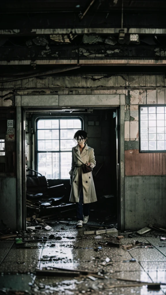 subway,Showa,Collapse,Devastation,Inside the ruins,Glasses,Women,adventure,Black and White,