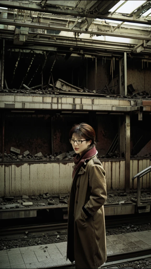 subway,Showa,Collapse,Devastation,Inside the ruins,Glasses,Women,adventure,Black and White,