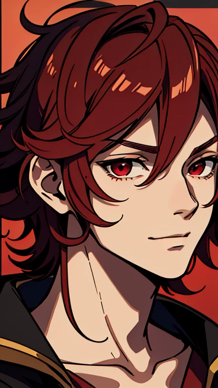 (high-quality, breathtaking),(expressive eyes, perfect face) 1male, male , solo, teenager, short hair length, wavy curly hair, messy hair, red hair color, red eye color, background, music, mature, haunting twilight background, slightly narrow eyes, overconfident smirk, villain vibe, black and red cloak, black and red shirt, modern attire, VFlower Vocaloid Male Version, masculine face, portrait, close up
