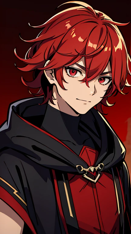(high-quality, breathtaking),(expressive eyes, perfect face) 1male, male , solo, ager, short hair length, wavy curly hair, messy hair, red hair color, red eye color, background, music, mature, haunting twilight background, slightly narrow eyes, overconfident smirk, villain vibe, black and red cloak, black and red shirt, modern attire, VFlower Vocaloid Male Version, masculine face, portrait, close up