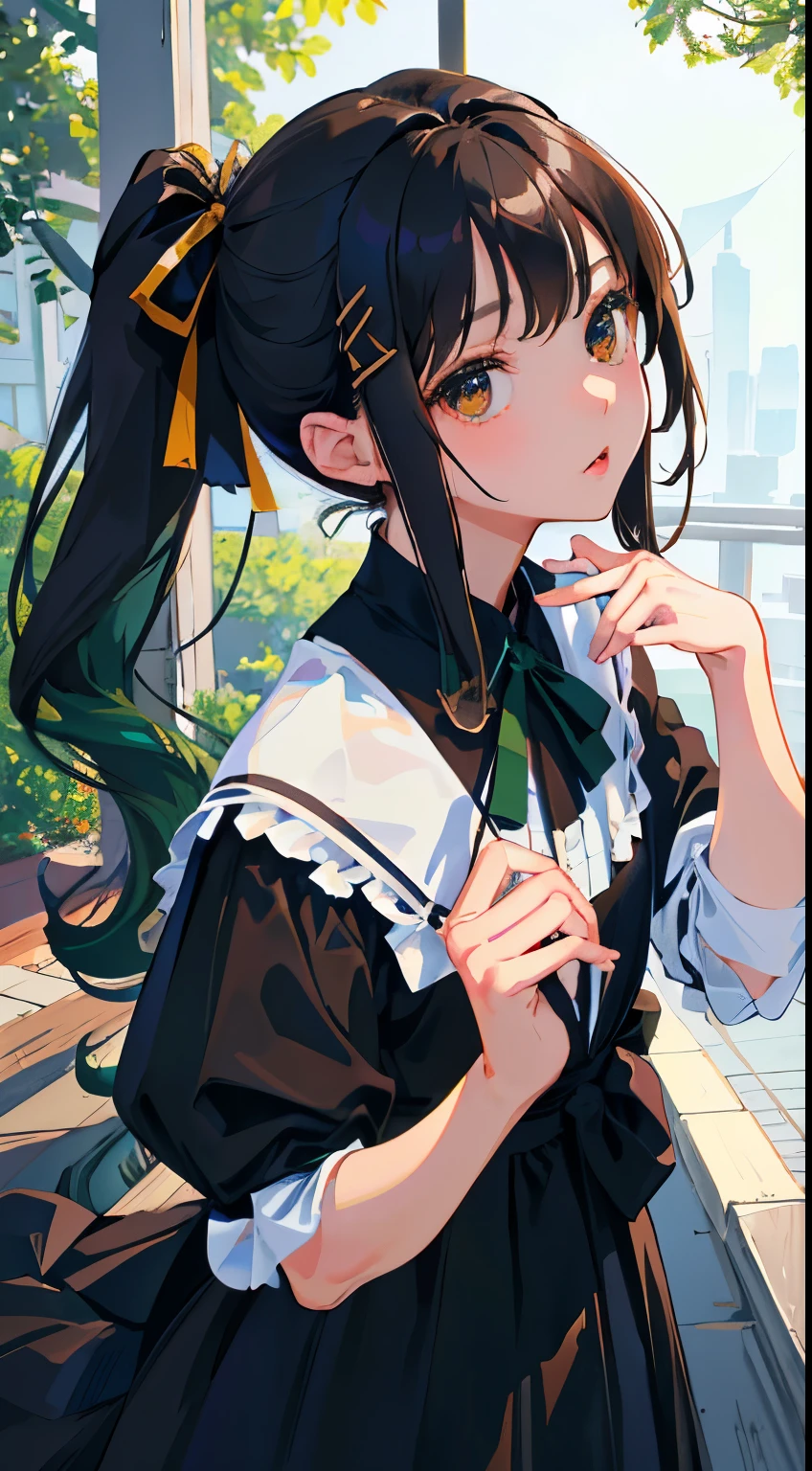 Overlooking,highest quality,Beautiful face in every detail,cute,Dark brown eyes,(背の低いcute女の子,Small young student,Young delicate girl),(masterpiece,Top quality),Black Hair,Sleepy expression,Black Shirt,Black Lolita Clothing,Blue-green ribbon,race,mini skirt,garden