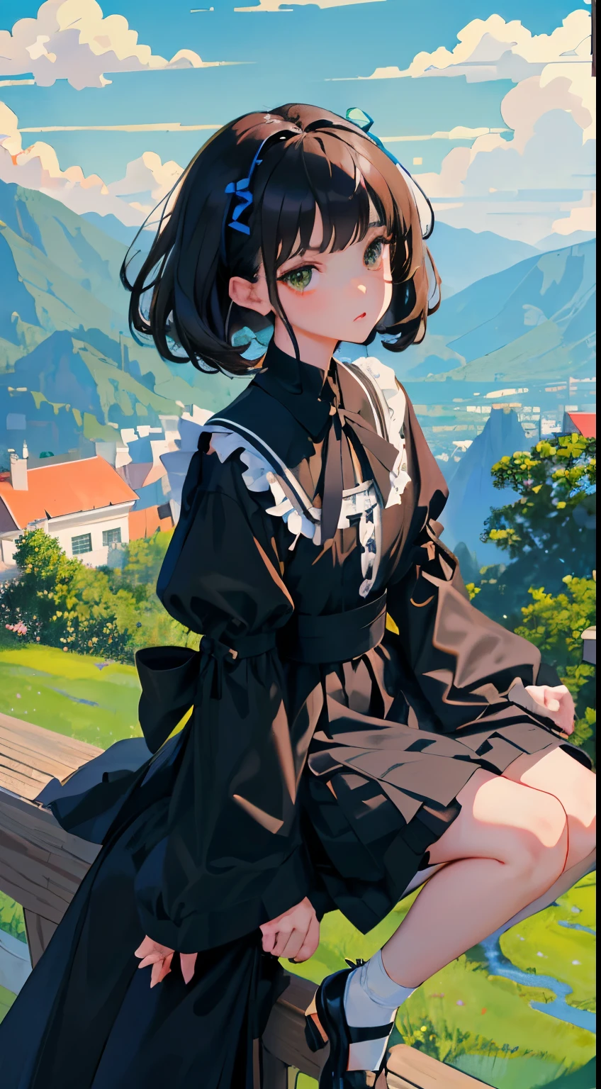 Overlooking,highest quality,Beautiful face in every detail,cute,Dark brown eyes,(背の低いcute女の子,Small young student,Young delicate girl),(masterpiece,Top quality),Black Hair,Sleepy expression,Black Shirt,Black ta Clothing,Blue-green ribbon,race,mini skirt,garden