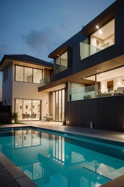 Can you create a luxury house for me, with large windows, lights and modern style with a large swimming pool