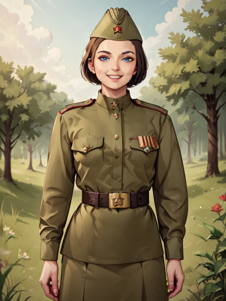 check_9, check_8_up, check_7_up, source_аниме BREAK 1girl, One,Soviet Military Uniform, soviet cap, belt, brunette, bob haircut, looks at the viewer, emotions, smile, skirt, Blue eyes, standing on the field 