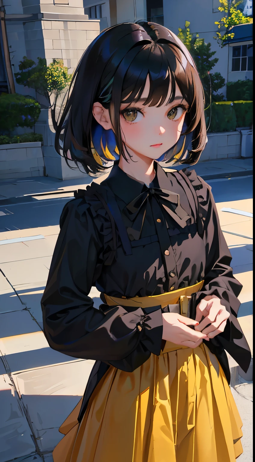 Overlooking，highest quality，Beautiful face in every detail，cute，Dark brown eyes，(背の低いcute女の子，Small young student，Young delicate girl）,（masterpiece，Top quality)，Black Hair，Sleepy expression，Black Shirt，Black Lolita Clothing，Blue-green ribbon，race，mini skirt，rooftop