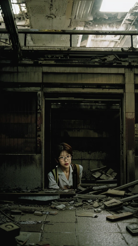 subway,Showa,Collapse,Devastation,Inside the ruins,Glasses,Women,adventure,Black and White,