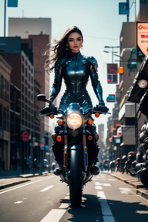 A female cyborg riding a high-tech motorcycle on the street. The motorcycle is sleek and futuristic, with advanced technology and intricate details. The cyborg has a slim body and a beautiful figure, with magnificent anatomy. Her eyes are detailed and stunning, capturing the attention of anyone who looks at her. Her lips are also detailed and beautifully shaped. The scene is of the cyborg riding the motorcycle on a bustling street, with buildings and cars in the background. The overall image quality is the best, with absurd resolution, making every detail of the scene crystal clear. The colors are vivid and vibrant, adding to the overall visual appeal. The lighting is soft and natural, emphasizing the cyborg's features and creating a captivating atmosphere. The prompt includes tags such as "best quality, high quality, absurdres, masterpiece, beautiful, intricate details, 1/2 body crop, slim body, beautiful figure, magnificent anatomy, HDR, natural skin textures, hyper-realistic, soft light, Sharp," to ensure the generation of a high-quality and visually appealing image.