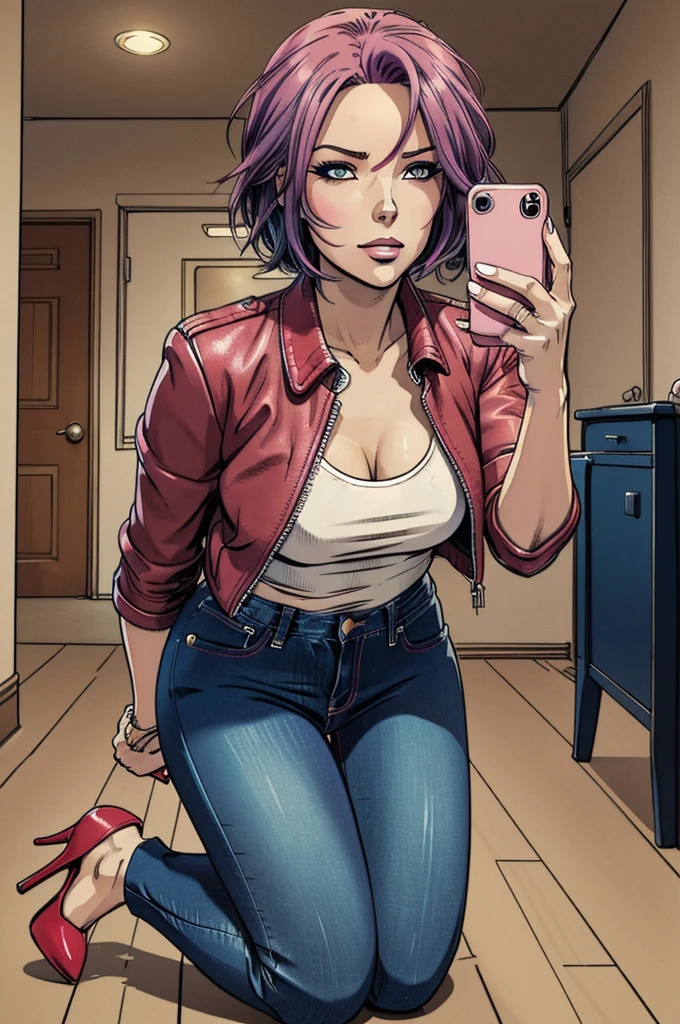 vector image, 2d cartoon,masterpiece, An anime woman,colored hair, strong blush, provocative makeup, tight jeans, horny pose, heels, down on her knees:1.3, leather jacket, t-shirt, taking selfie:1.3