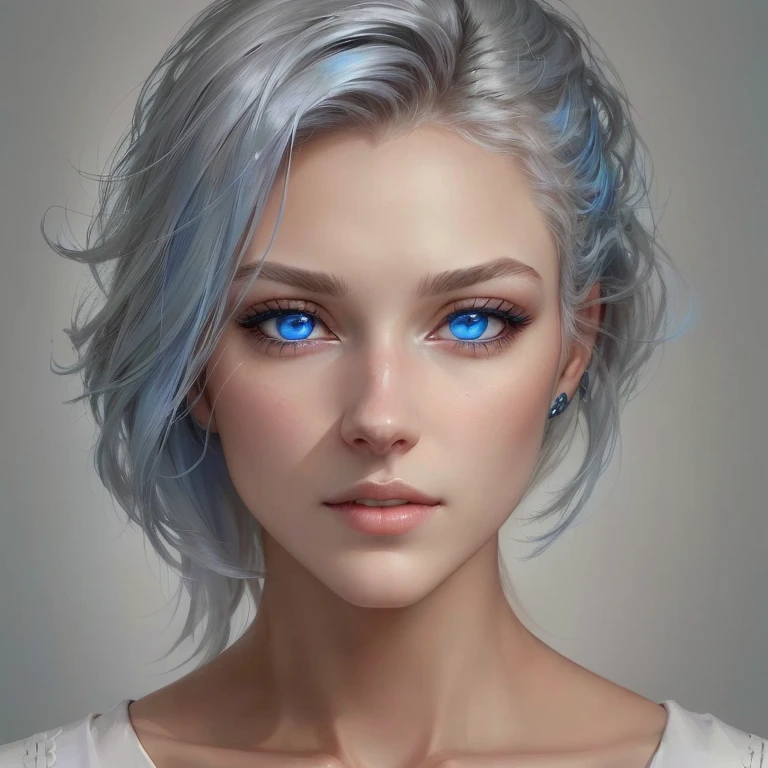 a woman with blue eyes and a white shirt, Girl with silver hair, stunning anime portrait with upper body, digital fantasy portrait, a portrait of a girl with dark grey-blue eyes, realistische gesichtsform quadratisch, Close-up character portrait, artgerm portrait, realistische digitale Malerei, dunkelgrau-blaue Augen, Realistische digitale Kunst 4 K, Realistische digitale Kunst 4K, realistischer Kunststil, blonde Haare und blaue Augen, selbstbewusster und animierender blick, lange zerstreute wilde haare