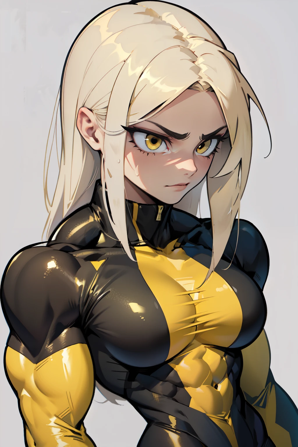 girl (1girl muscular grey background pale skin bodybuilder huge breasts toned body thin waist) black hair yellow eyes straight hair sweaty hair between eyes skintight