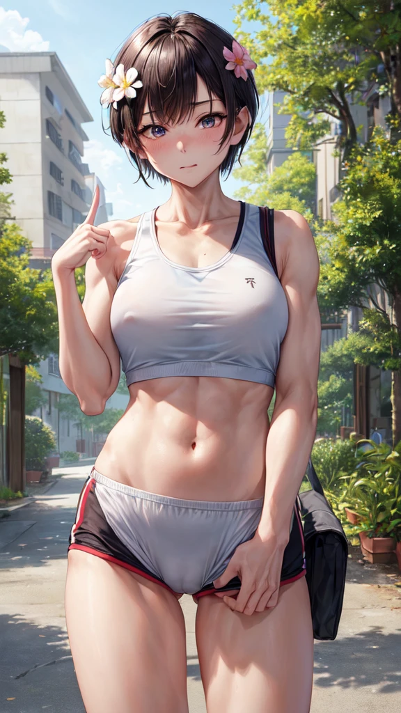masterpiece, highest quality, High resolution, aamikoto, short hair, Hair Flowers, Sometimes gym clothes:0.5, Exposing shoulders, Sleeveless shirt, White shirt, Are standing, Cowboy Shot, Outdoor,(No underwear),(Open your asshole with the fingertips of both hands:1.3),(Sometimes she's completely naked with her big ass exposed),(A very young looking girl Small breasts),(Stick your butt out with a slouch),(The pubic crease is clearly visible)