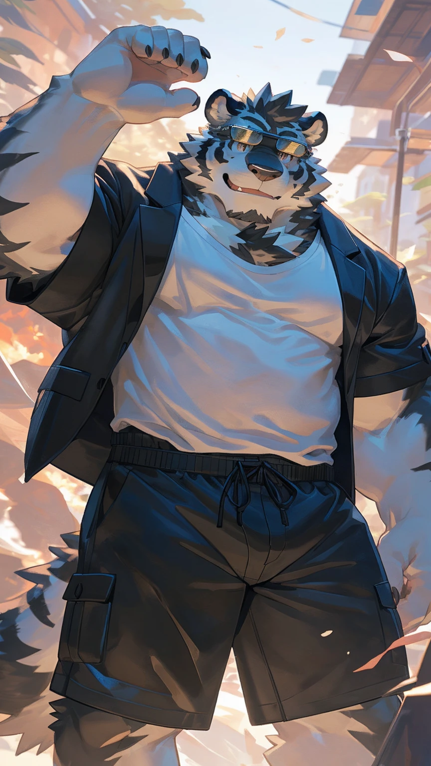 Solitary, ((Fluffy fur, Fluffy, hairy body)), detailed Fluffy fur, Delicate face, delicate Eye, Dynamic poses, (Ultra Detailed), Clear focus, Genji, Eye, hairy, (Gray-black fur:1.5), White beard, human nature (black tiger), chest hair,male, middle aged, White belly, Increase chest muscles(((muscular))), (endomorph body type:0.4), Not too fat, rest ((Black jacket,sunglasses,White T-shirt,Black swimming trunks,Exposing breasts)), ultra Delicate face, High Detail, high quality, (best quality,4K,8k,high resolution,masterpiece:1.2), (close up:1.3), author:Takemoto Arashi, From kulplant, author:The ghost of emptiness, From raccoon21, Dynamic Lighting, Smile, (whole body:1.4), Looking at the audience, eternity, close up肖像, indoorhigh resolution, 用hand托住肚子, hand.,详细的hand,咧嘴Smile