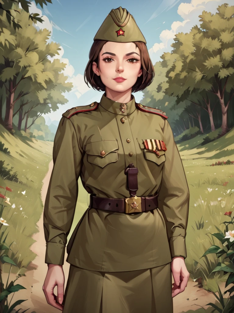 check_9, check_8_up, check_7_up, source_аниме BREAK 1girl, One,Soviet Military Uniform, soviet cap, belt, brunette, bob haircut, looks at the viewer, emotions, calm, skirt, Brown eyes, standing on the field, waves his hand to the viewer