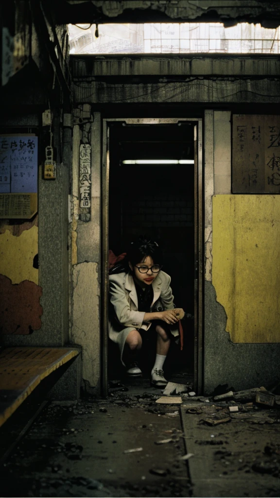 subway,Showa,Collapse,Devastation,Inside the ruins,Glasses,Women,adventure,Black and White,