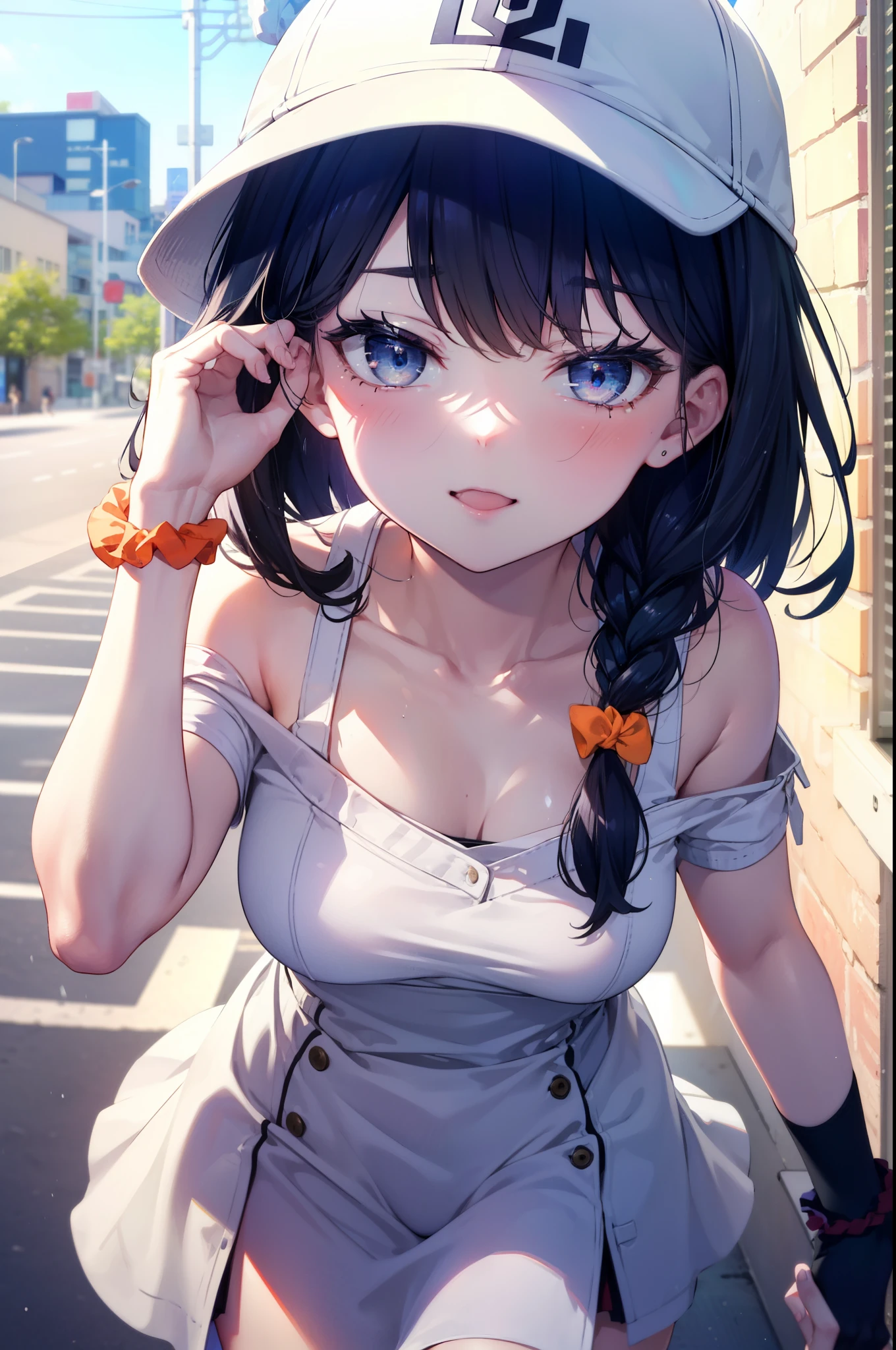 Rikka body, rikka takarada, Black Hair, blue eyes, Long Hair, orange Scrunchie, Scrunchie, wrist Scrunchie,Off-the-shoulder sleeveless dress,Bare shoulders,Bare neck,Bare arms,bare clavicle,Long skirt,sneakers,Baseball hats,happy smile, smile, Open your mouth,Short braided hair,whole bodyがイラストに入るように,
break outdoors, Coastal Road,In town,
break looking at viewer,whole body, (Cowboy Shot:1.5),
break (masterpiece:1.2), highest quality, High resolution, unity 8k wallpaper, (figure:0.8), (Beautiful fine details:1.6), Highly detailed face, Perfect lighting, Highly detailed CG, (Perfect hands, Perfect Anatomy),