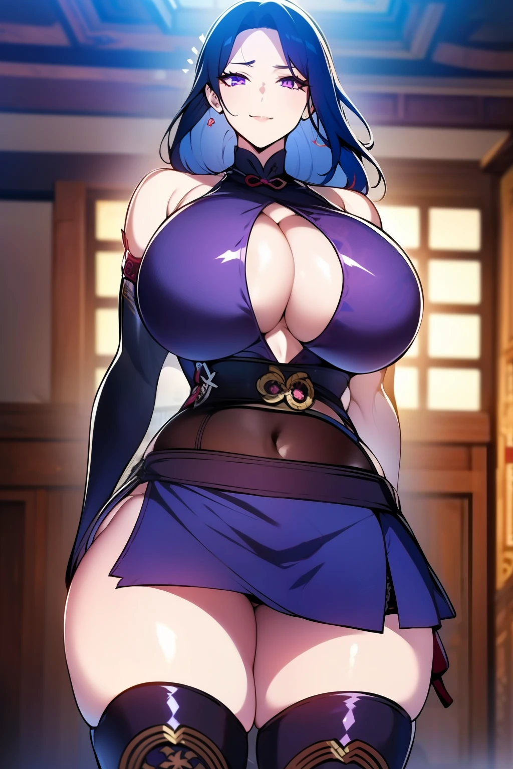 An anime-style artwork depicting raiden shogun from the game genshin impact.
Tags: Raiden Shogun, anime, detailed eyes, detailed lips, ass, (blue hair), purple eyes, bare shoulders, (chinese dress, (underboob : 1.4), elbow gloves, thigh boots, split skirt, bare shoulders, curvy, midriff, curvy, thighs, shiny clothes), long hair, solo, huge breasts, smiling expression, intense gaze, dynamic pose, indoor, palace, vibrant colors, digital art, high-resolution, professional quality, gigantic breasts, curvy, cowboy shot, (gigantic breasts: 1.4)