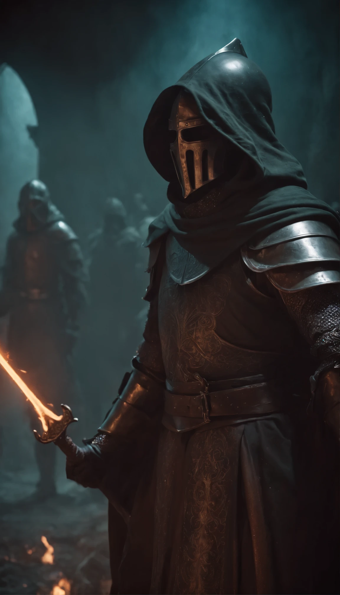 Neon-lit scene(Highest quality:1.2)、Cthulhu Bishop in the foreground(Background of deadly battle knights:1.5)、smoky atmosphere(Surreal and otherworldly:1.3)、Neon-colored bishop's robes(Cthulhu's Tentacles Extending:1.4)、The Bishop's stern and grotesque face(A knight in hooded armour carrying an ominous weapon:1.6)、A dark and ominous background contrasting with bright neon lights、(Detailed Texture:1.1)、(Creepy and suspenseful: 1.