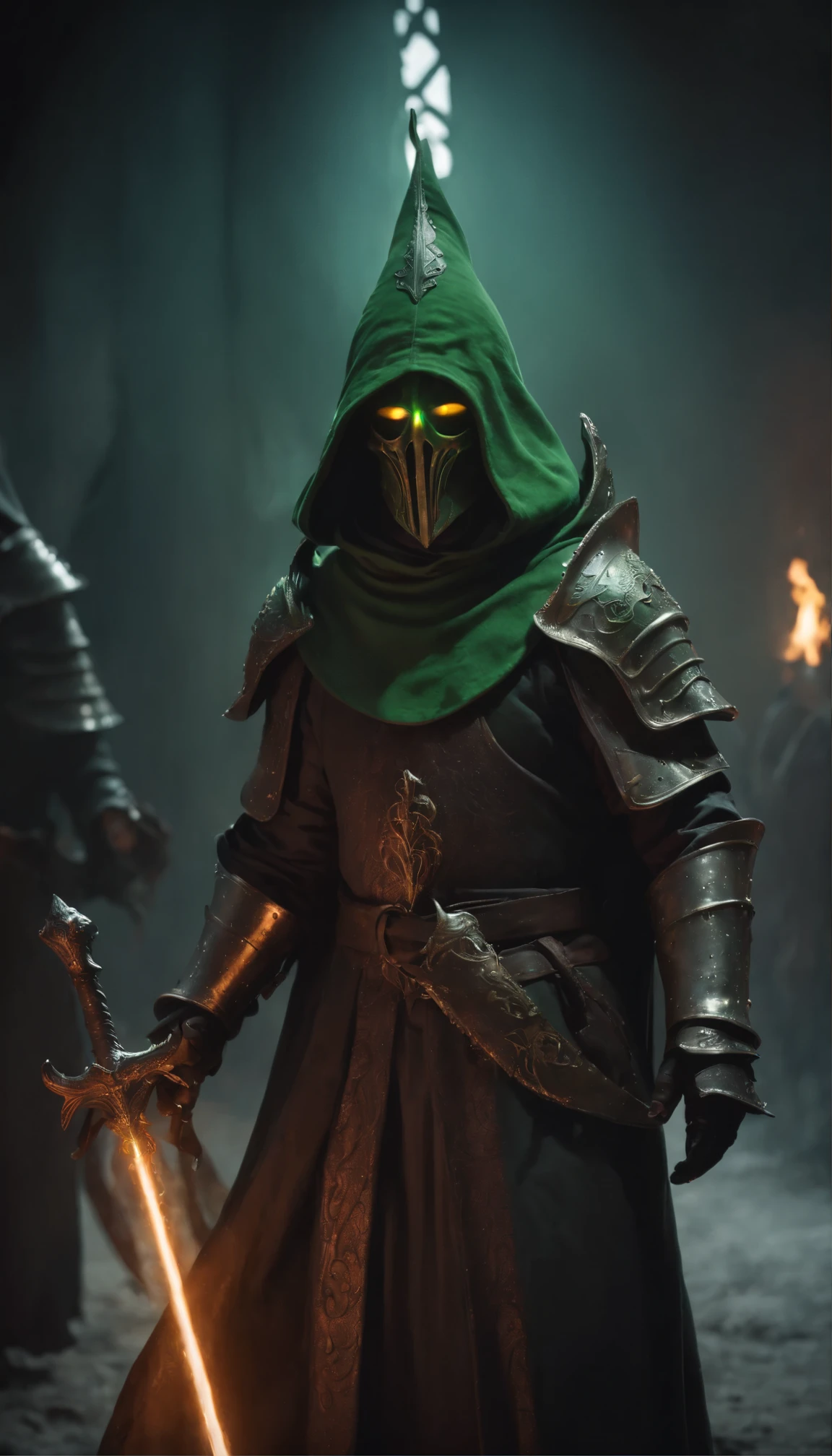 Neon-lit scene(Highest quality:1.2)、Cthulhu Bishop in the foreground(Background of deadly battle knights:1.5)、smoky atmosphere(Surreal and otherworldly:1.3)、Neon-colored bishop's robes(Cthulhu's Tentacles Extending:1.4)、The Bishop's stern and grotesque face(A knight in hooded armour carrying an ominous weapon:1.6)、A dark and ominous background contrasting with bright neon lights、(Detailed Texture:1.1)、(Creepy and suspenseful: 1.