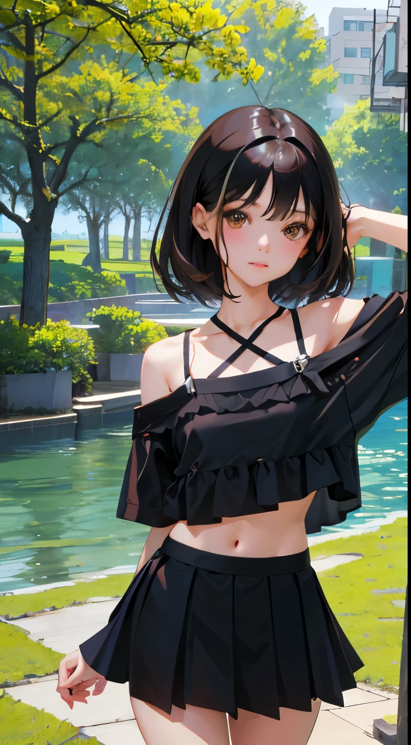 Overlooking，highest quality，Beautiful face in every detail，cute，Dark brown eyes，(背の低いcute女の子，Small young student，Young delicate girl）,（masterpiece，Top quality)，Black Hair，Sleepy expression，Crop Top Look，Black Shirt，Black Mini Skirt