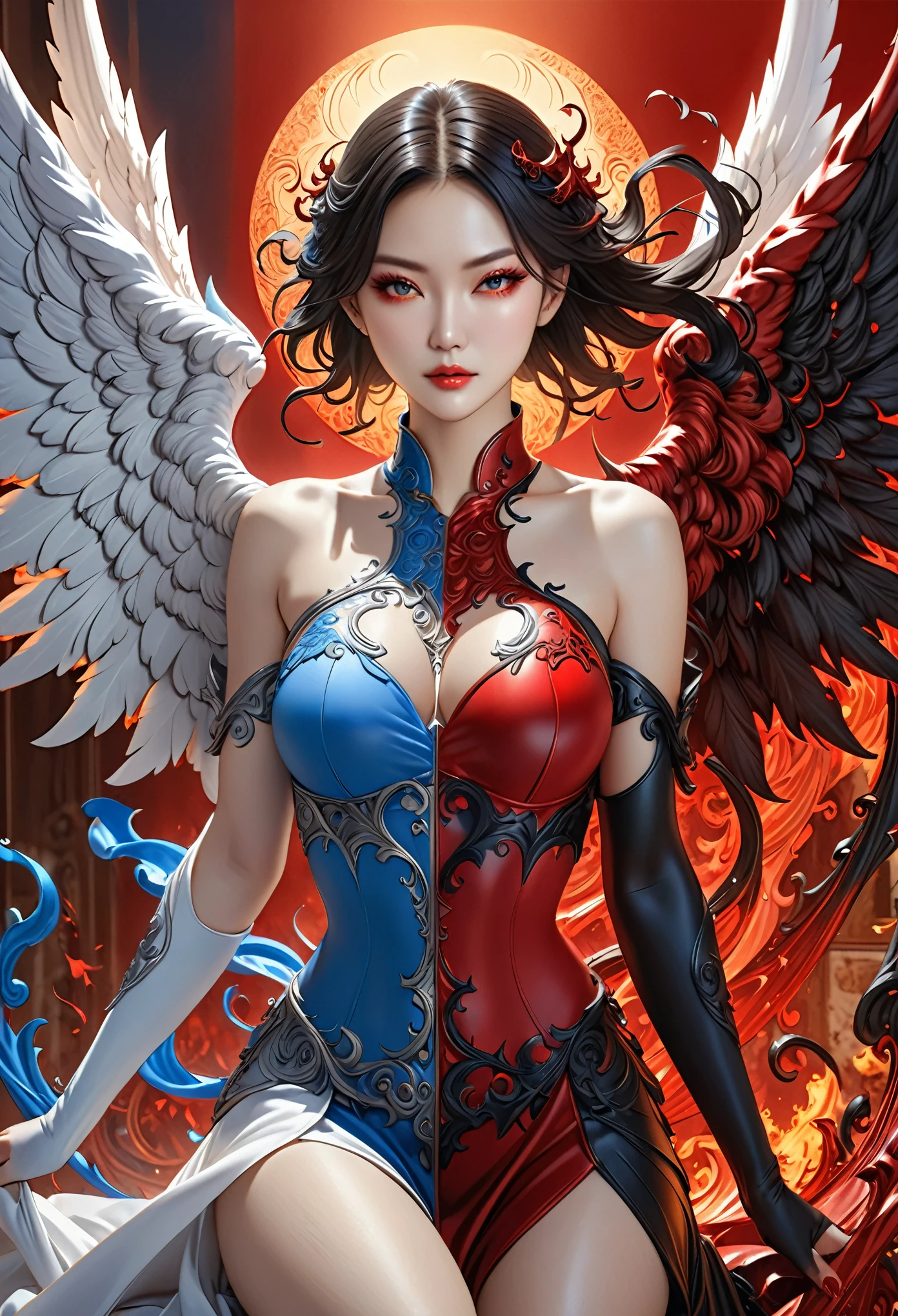 ((highest quality)),(Ultra-high resolution),(Very detailed),(Detailed Description),((The best CG)),(A masterpiece),Ultra-precise art,Amazing drawing art,(Fantasy art with intricate detail:1.5), (The angel and the devil inside one woman:1.7),(Female devil and female angel:1.5),Justice and evil:1.6,Red and Blue:1.5,yin and yang:1.5