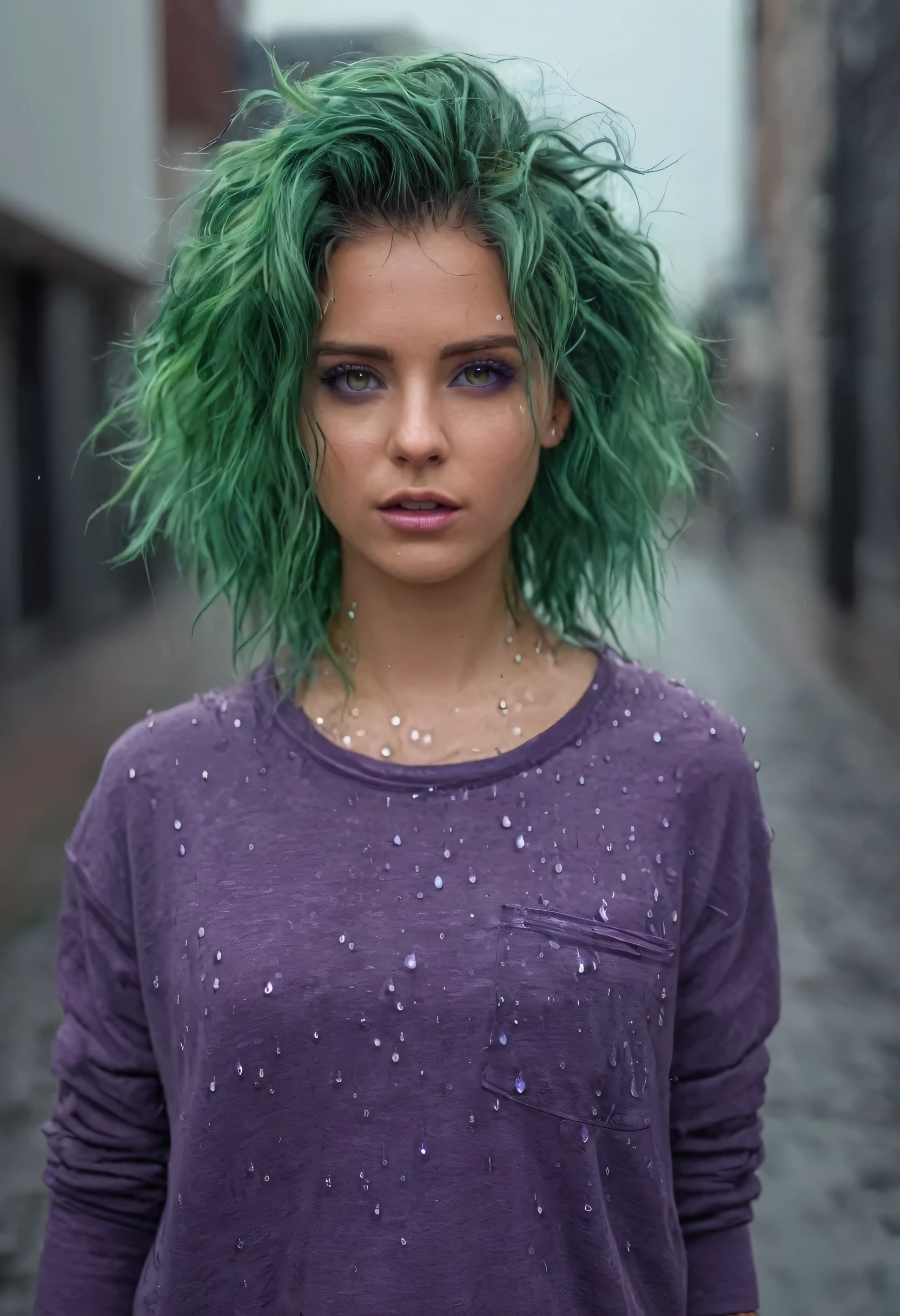 (long shot, three-quarter view, camera SONY A7S III, len 18mm, f1.6.). Dynamic body pose, hands on pockets. woman, beauty, (green hair:1.2), (messy hair:1.2), (purple eyes:1.5), wearing trendy modern urban clothes. Pikles, perfect eyes, sparking purple eyes, perfecteyes, detailed skin, intricate details, random  waterdrops on her face, hair and clothes, intense. High quality, Hyperdetailed, depth of field, Ambient Light, Movie Still, Film Still, Cinematic, Cinematic Shot, Cinematic Lighting, award-winning photography, perfect composition, ambient occlussion, 64K UHD. 