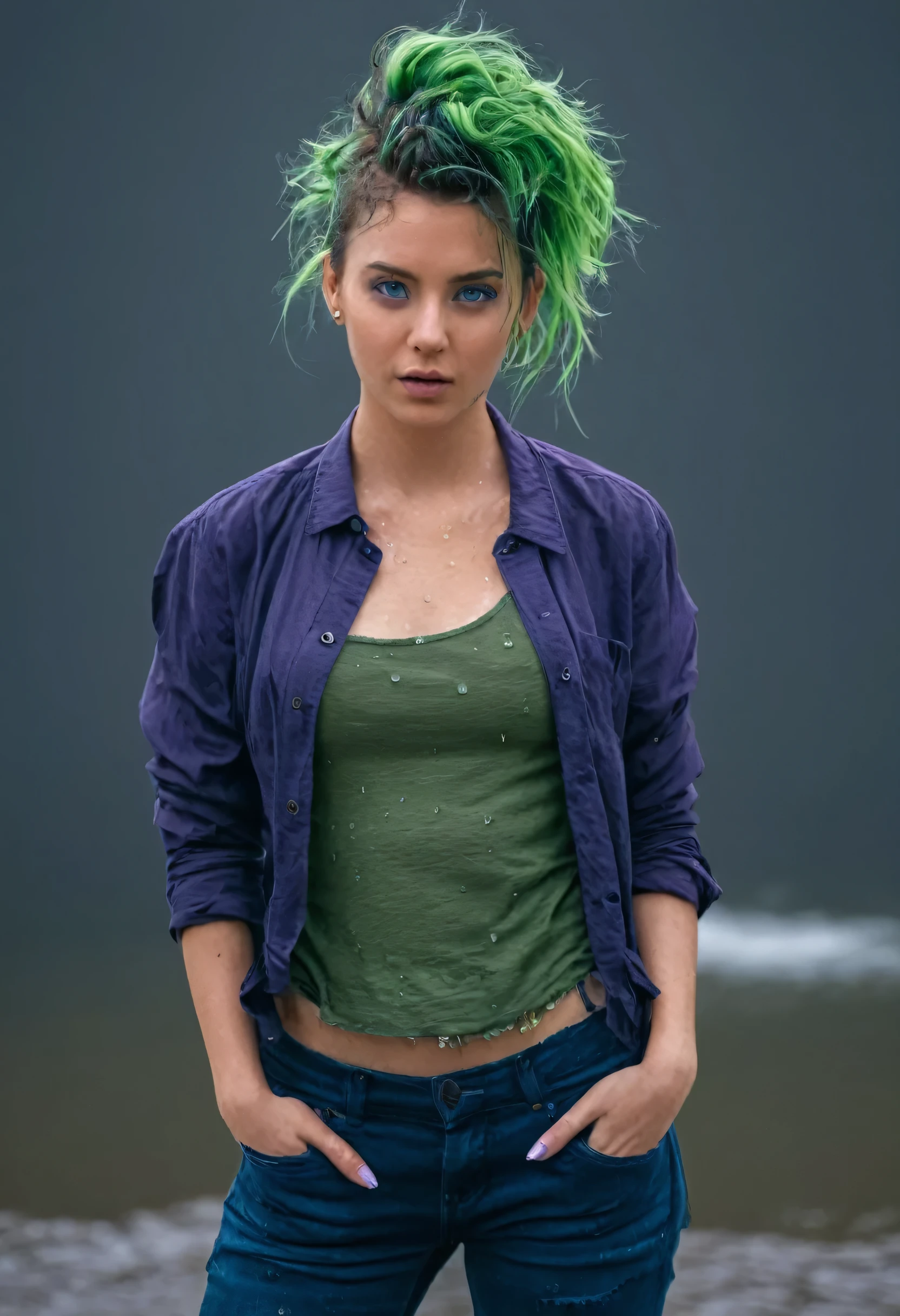 (long shot, three-quarter view, camera SONY A7S III, len 18mm, f1.6.). Dynamic body pose, hands on pockets. woman, beauty, (green hair:1.2), (messy hair:1.2), (purple eyes:1.5), wearing trendy modern urban clothes. Pikles, perfect eyes, sparking purple eyes, perfecteyes, detailed skin, intricate details, random  waterdrops on her face, hair and clothes, intense. High quality, Hyperdetailed, depth of field, Ambient Light, Movie Still, Film Still, Cinematic, Cinematic Shot, Cinematic Lighting, award-winning photography, perfect composition, ambient occlussion, 64K UHD. 