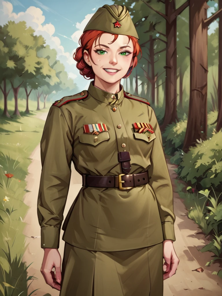 check_9, check_8_up, check_7_up, source_аниме BREAK 1girl, One,Soviet Military Uniform, soviet cap, belt, Red hair, hair down, Look at the viewer, emotions, smiling, skirt, green eyes, standing on the field