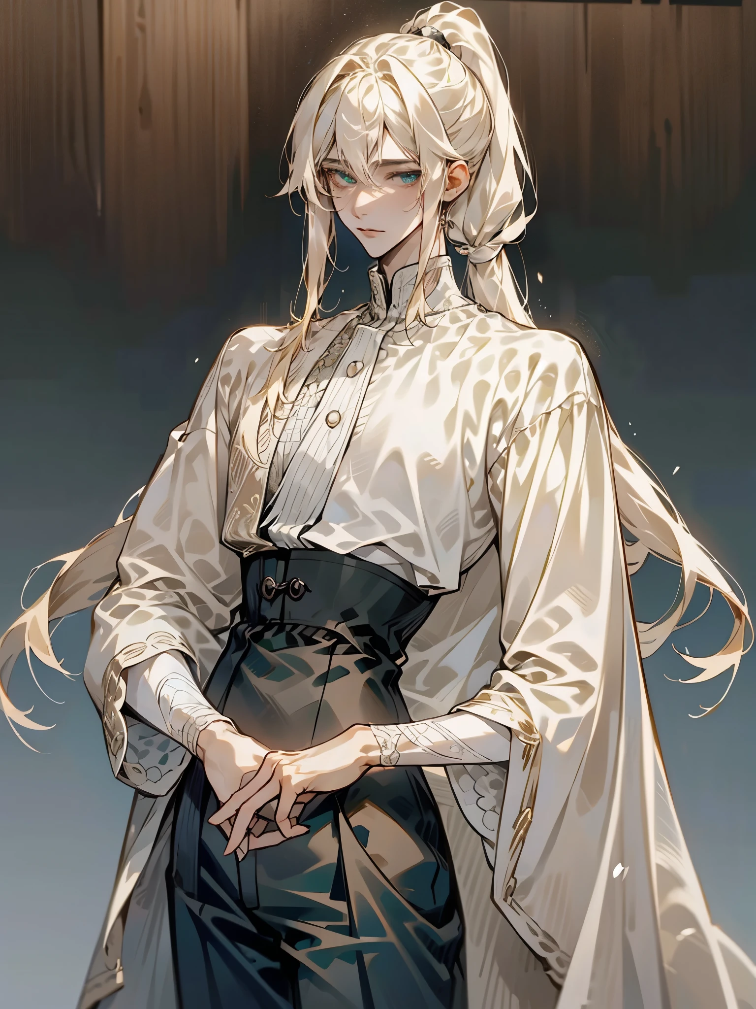 beautiful androgynous prince; delicate androgynous prince; male anime character; best anime character design man; masculine face; attractive; ((1man)); masterpiece; absurdres; best quality; intricate details; (shiny skin, shiny body, shiny oily luster skin, shiny hair, pale skintone); attractive; adult, one; white blouse; black pants; Don't look at the view; Not looking at the view; vanilla blond very long hair in ponytail braid; perfect detailed face; perfect detailed hands; light green eyes; perfect detailed facial features; perfect detailed eyes; perfectly detailed face; androgenous prince face; perfect draw eyes; perfectly detailed face; perfect draw hand with five fingers;