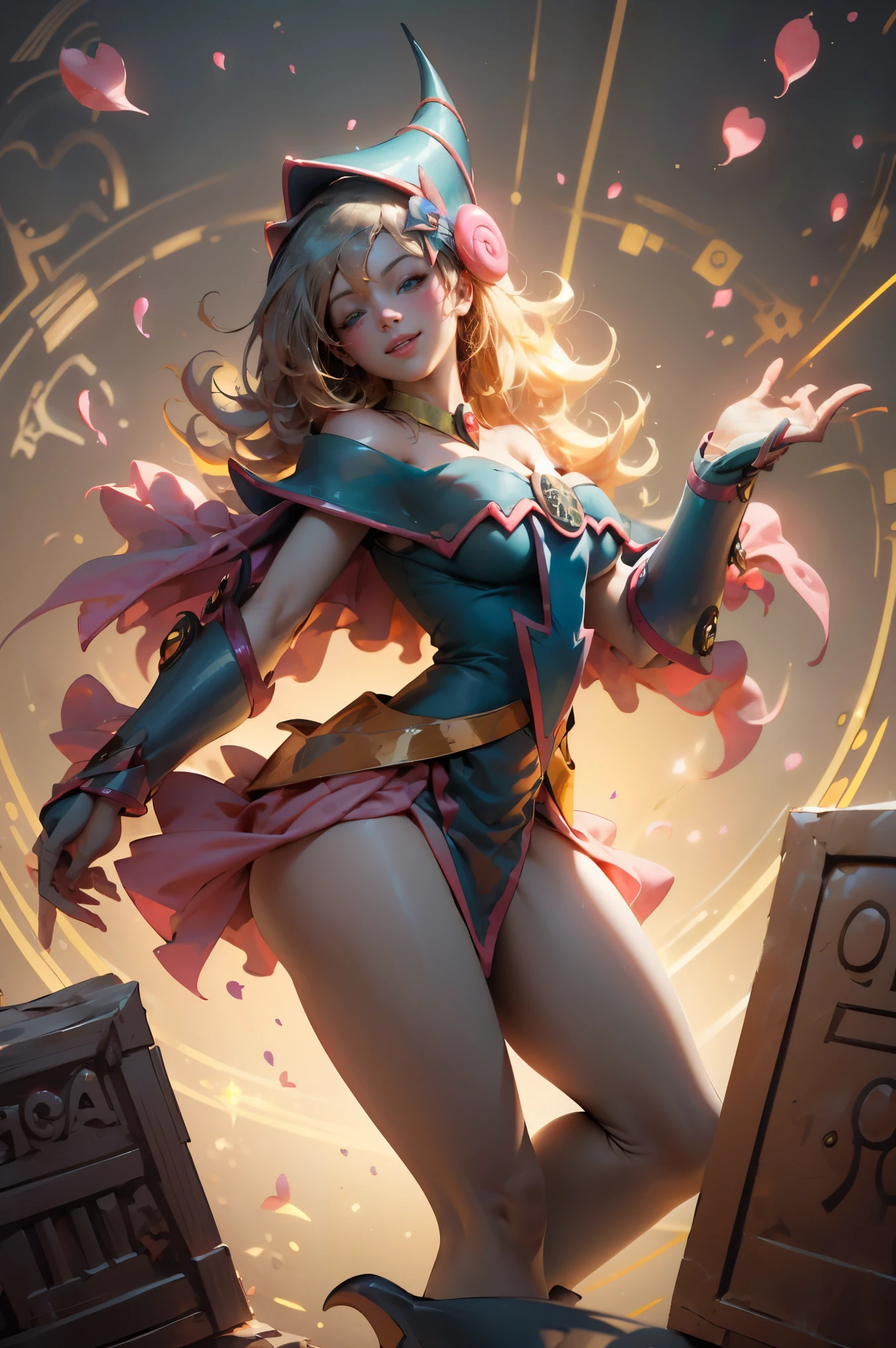 (Obra maestra:1.2), (La mejor calidad:1.2), Perfect lighting, Chica Maga Oscura en tacones, lanzando un hechizo, sonriendo y flotando en el aire, tetas grandes, escote, fondo de magia. Corazones transparente en el ambiente, ella usa Tacones